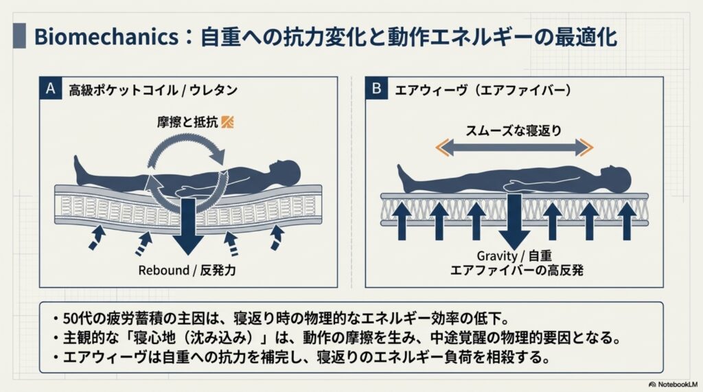 一般的なウレタンやコイルが抱える『摩擦と抵抗』は、寝返りのエネルギーを奪い、中途覚醒を誘発する物理的要因となる。