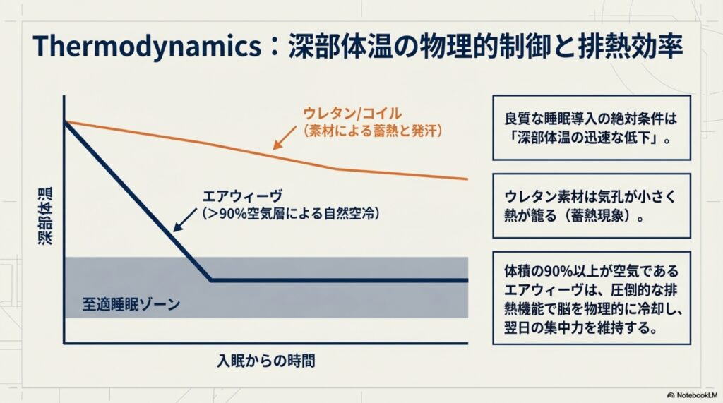 0%以上が空気層であることの真の価値は、深部体温を迅速に『至適睡眠ゾーン』へ誘導し、脳を物理的に冷却し続ける点にある。