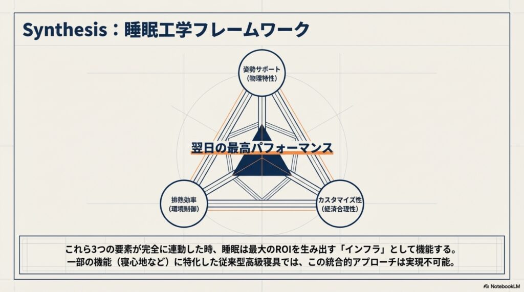 これら3要素の統合的アプローチこそが、シモンズ等の従来型高級寝具では実現不可能な、プロフェッショナル向けコンディショニング戦略の結論である。